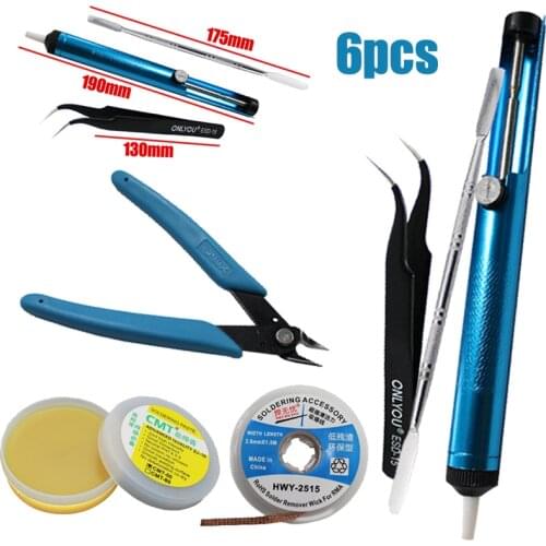 6pcs/set Soldering Kit w/ Desoldering Pump Tweezers Cutters Flux Scraper Durable Welding Equipment Tools