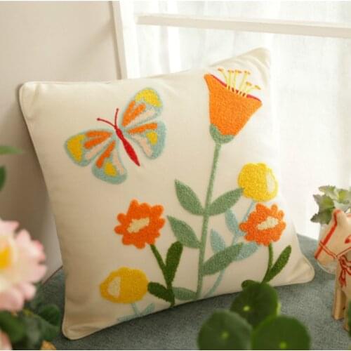 DUNXDECO Cushion Cover Decorative Pillow Case Rustic Country Style Butterfly Flora Cotton Thread Embroidery Sofa Coussin
