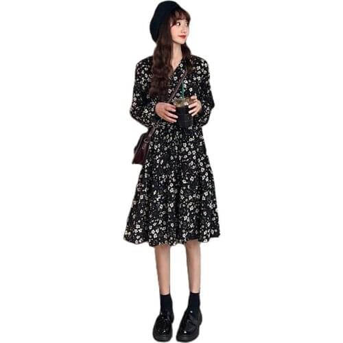 Spring/summer 2021 new retro waist thin long-sleeved small shredded chiffon dress with an A-word skirt