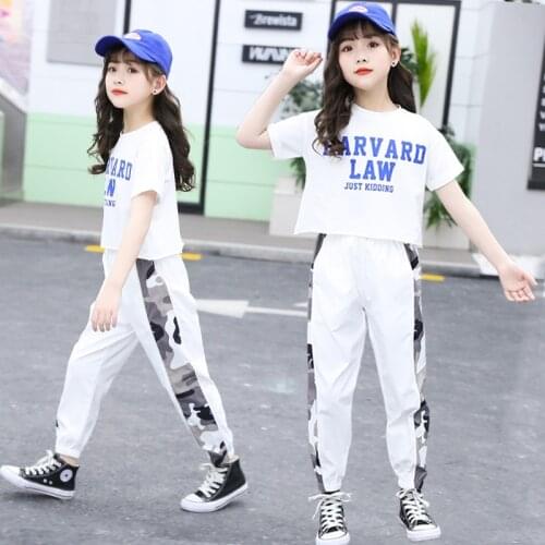 2021 Girls clothes Jazz Tracksuit summer Kids Hip Hop loose Letter t shirt + motley striped pant 6 7 8 9 10 12 13 14 15 16 years