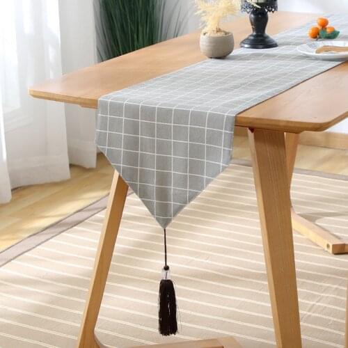 Grey white plaid table runner tassel bed runner tablecloth decorative cabinet cover cloth dust proof towel