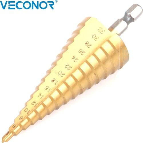 4-32mm High Speed Steel Pagoda-Shaped Step Drill Bit Stair Drill Bit 1/4"(6.35mm) Hex Shank Ti Coated Drilling For Metalworking