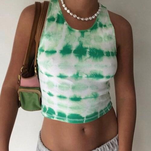 Musuos Summer Crop Top Women Round Collar Tie Dye Printing Slim Fit Pullover Sleeveless Casual Club Stylish Vest Tank Tops Femme
