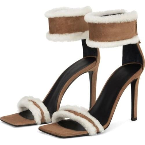 Furry Sandals Square Toe Thin Heel Women Shoes 2020 New Arrivals Back Zipper Ankle Strap Concise Dress Shoes Stiletto Heel