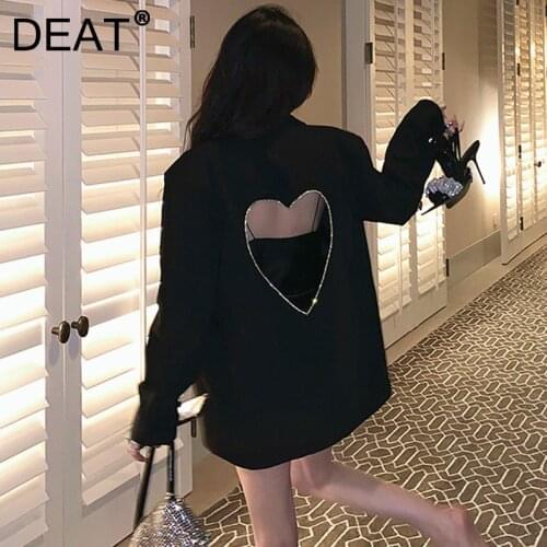 DEAT 2021 New Autumn And Winter Fashion Casual Long Sleeve Loose Blackless Heart-shaped Hollow Diamond Blazer Coat Women SL562