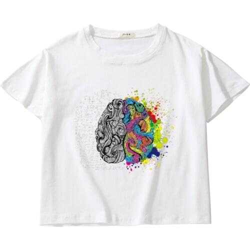 Brain Funny Printing Women Summer Crop Tees Breathable Cotton Top Girl O-Neck T-Shirt Kids Short Sleeve Casual Short Tops