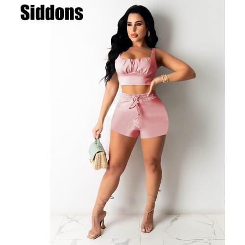 Solid Women Two Piece Set 2021 Summer Fitness Crop Tank Top + High Waist Skinny Biker Shorts Sexy Party Club Outfits Tracksuits