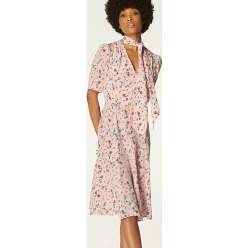 New Summer V-neck Ribbon Collar French Design Unique Waist Floral Silk Dress