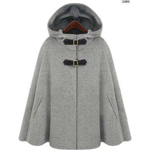 Womens Woolen Coats Casual Hooded Cloak Winter Warm Batwing Poncho Loose Parka Hooded Long Sleeve Cloak Capes Jacket Grey Black