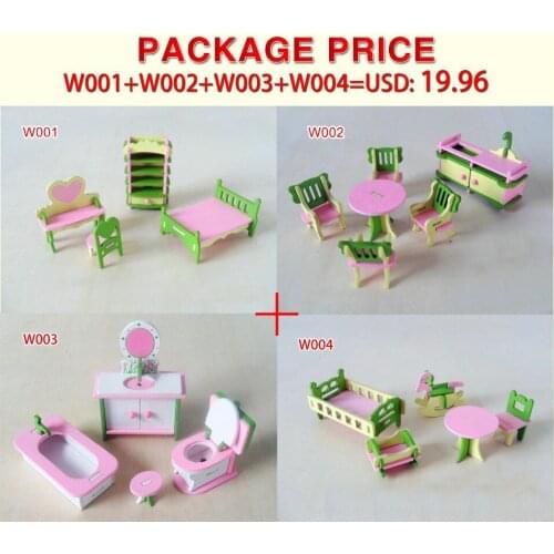 4set/lot New children gift kids wooden toy Furniture doll house set DIY Educational Toys kitchen bathroom and chilren room