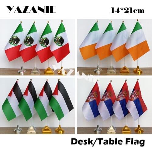 YAZANIE 14*21cm 4PCS Mexico Polyester Table Flag Ireland World Country Flag Palestine Serbia Custom Desk Flag with Base&Pole