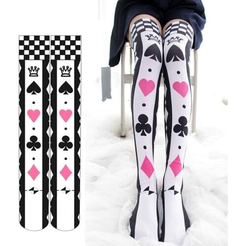 Poker Printing Over-knee Stockings Velvet Women Girls Stockings Easy Match Playing Cards Black&White Summer Good Quality