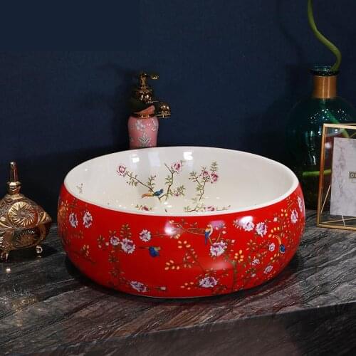 Europe Vintage Style Ceramic Washing Basin Bathroom Counter top hand wash flower bird ceramic wash basin Bathroom Sink