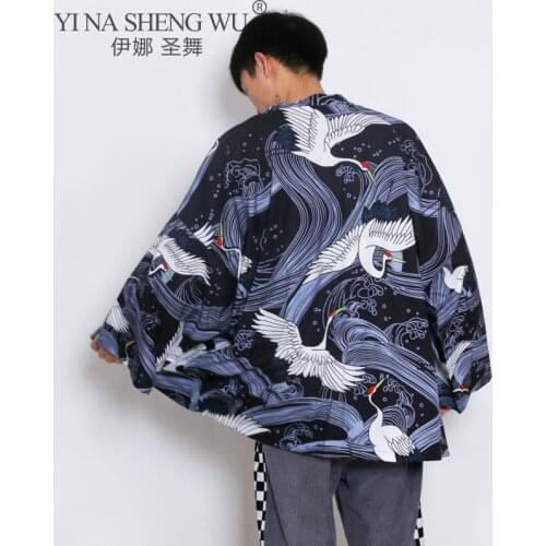 Japanese Style Kimono Sun Protective Jacket Cardigan Sunscreen Thin Style Crane Printed Coat Mens Casual Vintage Harajuku Kimono