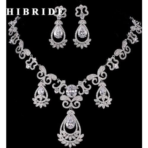 HIBRIDE Hot Flower Shape Pendant Necklace Set Women Bridal Jewelry Set With AAA Cubic Zircon Wedding Dress Accessories N-200