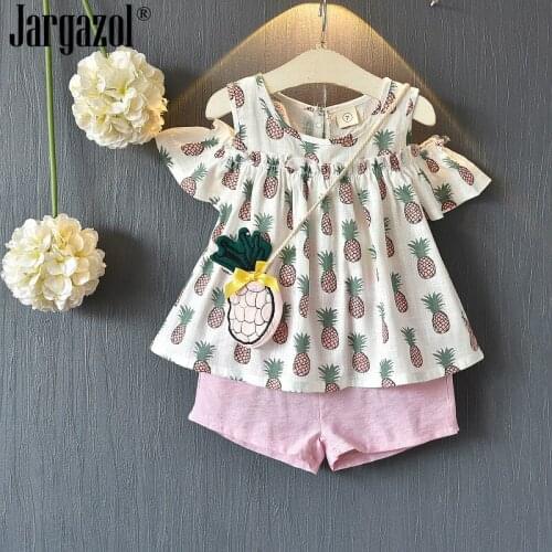 Girls Clothes Set Short Sleeve Ruffle Pineapple Blouse Shirt +shorts with Samll Bag 3 Pcs Kids Clothing Suit Outfits Lovely Sets