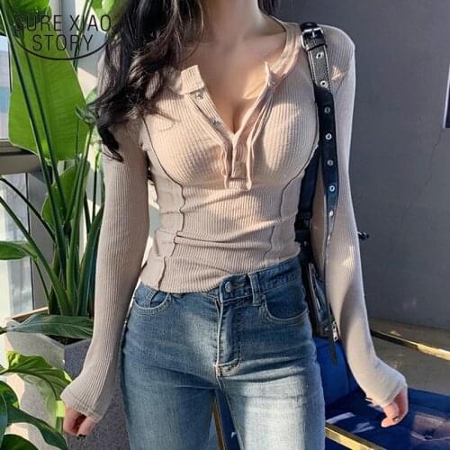 Korean Slim Sexy Long Sleeve Womens Shirt Top Female Half-open Collar Short Bottoming Shirt Solid Fashion Blouse Women 12582