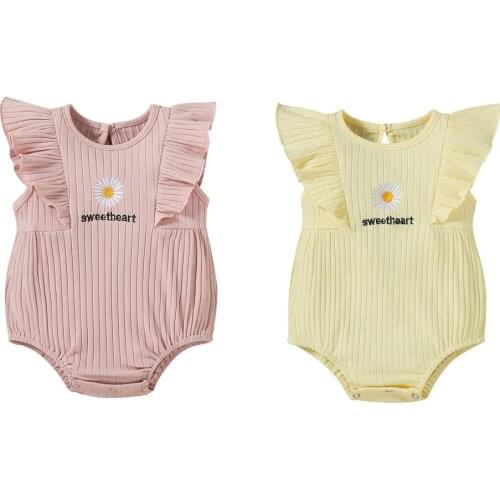0-18 Months Summer Newborn Baby Girls Daisy Embroidery Print Ribbed Sweet Pink Short Sleeve O-Neck Rompers With Ruffles