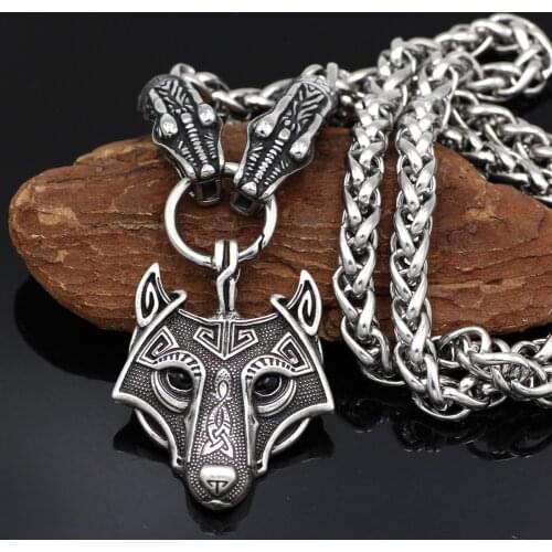 Men Stainless Steel Viking Dragon Head with Goat Thors Hammer Wolf Pendant Necklace