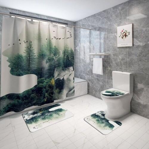 Europe Style Bath Mats Set Printed Bathroom Rug Set Toilet Seat Cover Shower Room Carpet Non-slip Rug Waterproof Shower Curtain