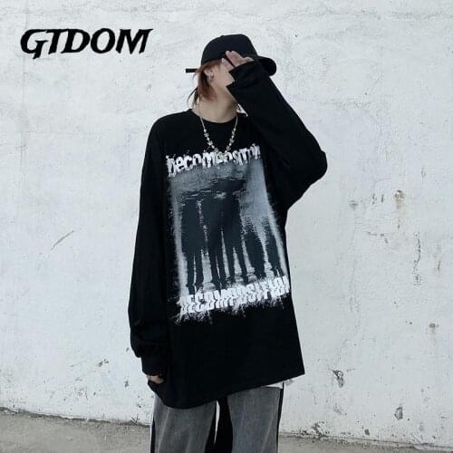 GTDOM 2021 New Autumn Cotton Loose Casual T-shirt O-Neck Long Sleeve Hip Hop Deep Black Letter Printing Simple Men Clothing