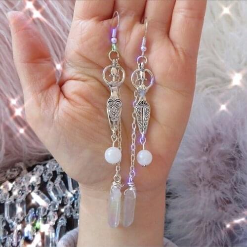 New Moonstone & Angel Aura Quartz, Goddess, Wire Wrapped Earrings, Reiki Energy Jewelry