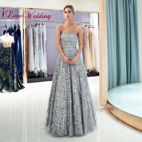 New Fashion Evening Dresses Long Bling Bling Sliver Sequins A Line Strapless Natural Waist Formal Long Evening Gowns