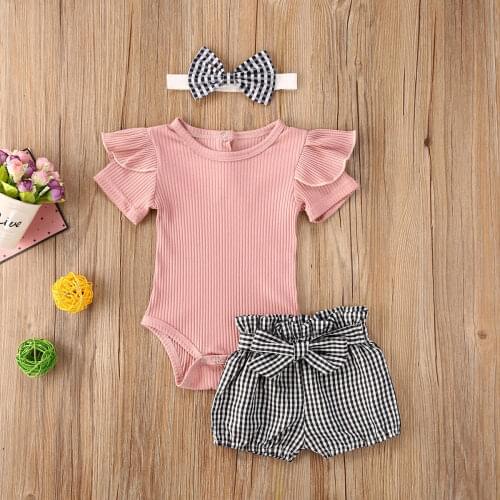 Newborn Baby Boys Girls Clothes Sets 3pcs Knit Short Sleeve Ruffles Romper Plaid Bow Shorts Headband