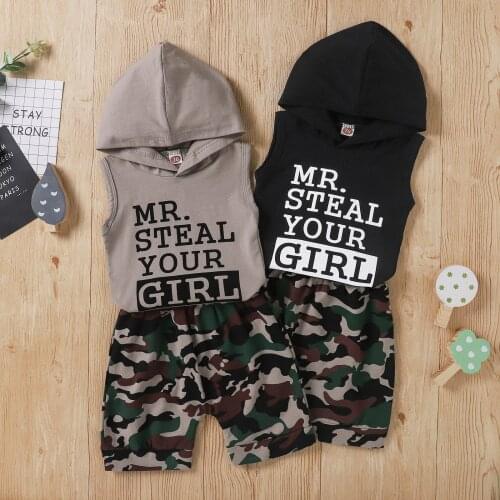 1-6 Years Baby Boy’s Summer Vest and Shorts Two Pieces Suit Fashion Letter Hooded Sleeveless Tops and Camouflage Short Pants