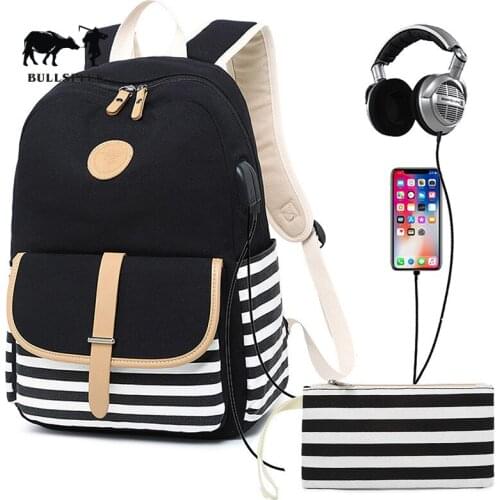 New Harajuku computer backpack Korean version canvas shoulder bag female navy striped high school student bag women backpack