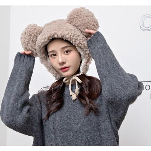 Cute big ears thick winter hat for women girls keep warm Korean plus velvet lamb hat ski bomber hats