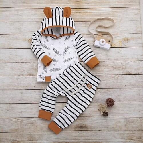 TELOTUNY kids clothes Newborn Baby Girl Boy Long Sleeve Leaves Print Hooded Tops tracksuit Feather Striped Pants Clothes Set