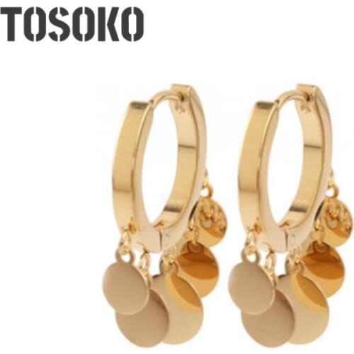 TOSOKO Stainless Steel Round Small disc Tassel Pendant Stud Earrings for Women Girls Party Daily Wear Jewelry BSF250