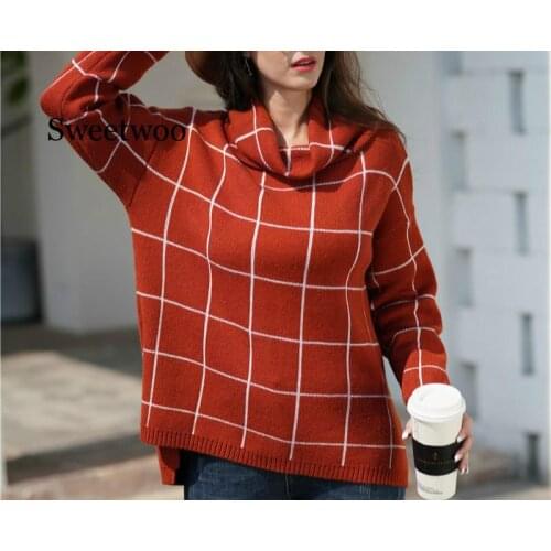 Plaid knitted pullover sweater winter clothes women 2020 fall turtleneck long sleeve sweaters girls OL oversized sweater