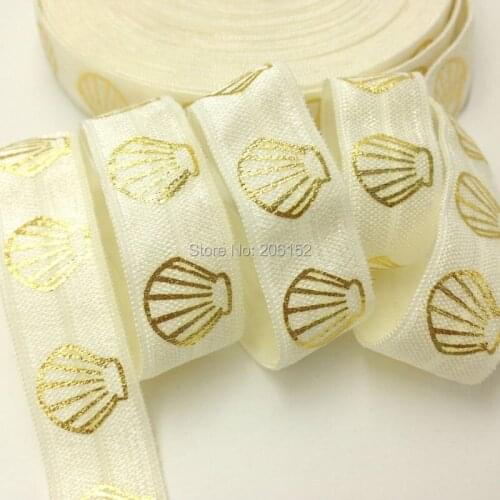 High Quality Gold Shell Print Ivory Fold Over Elastic 5/8" Shell FOE Elastic Ribbon Wholesale for DIY Headwear 10Yards/lot