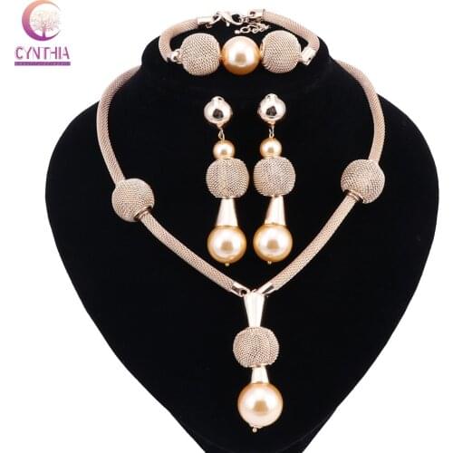 Women Gold Color Tassel Simulated Pearl Jewelry Sets Earrings Choker Pendants&Necklaces Bracelet Fine Jewelry Set