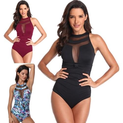 New One Piece Swimsuit 2019 Swimwear Women Print Solid Swimwear Vintage Retro Bathing Suits Sexy Mesh Monokini Swimsuit