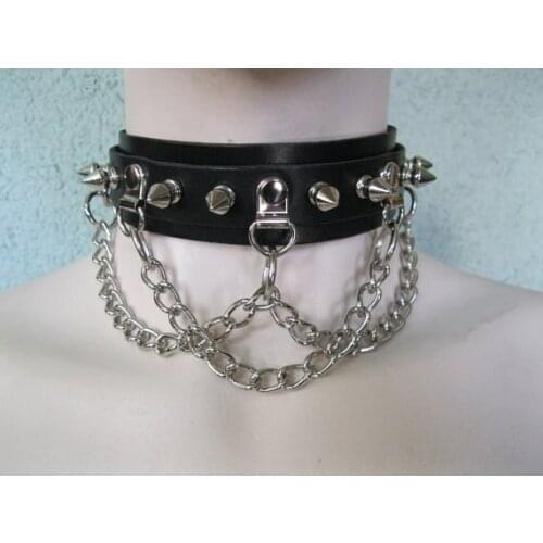 Women new Fashion Sexy Harajuku Handmade Choker leather Collar belt Spikes and Chain Torques Punk club party free shipping