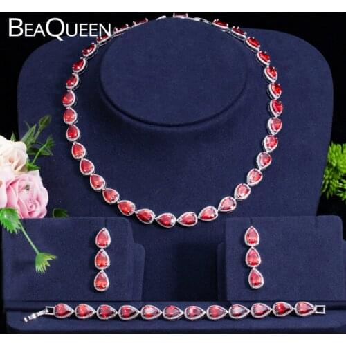 BeaQueen African Indian Deep Red Cubic Zircon Stones Earrings Necklace Bracelet 3pcs Tear Drop Jewelry Sets for Women JS053