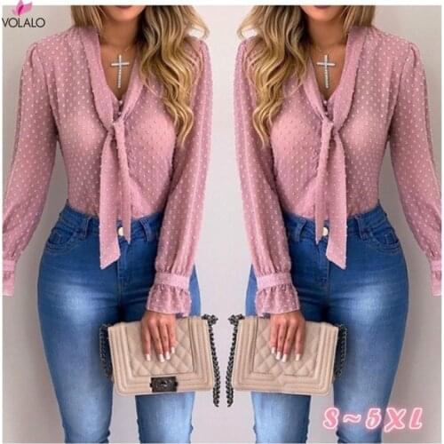 Women New Fashion Elegant Chiffon Blouses Long Sleeve V-Neck Shirt Office Blouse Slim Casual Female Polka Dot Top