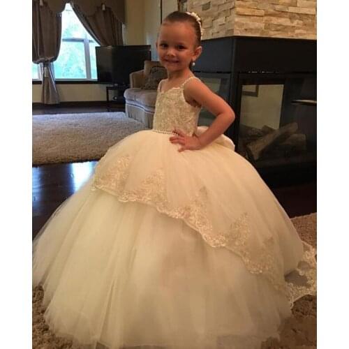 Spaghetti Strap Kids Lace Flower Girl Dresses for Wedding Beaded Ball Gowns Vintage Girl First Commuinion Dresses With Big Bow