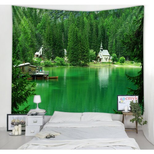 House In The Middle Of The Lake Tapestry Wall Hanging Forest Landscape Painting Bohemian Hippie Farmhouse Decor
