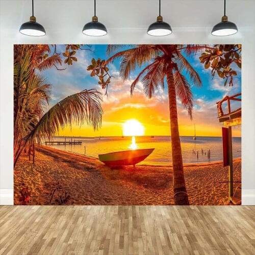 Seaside Beach Sunset Boat Palm Tree Photographic Backgrounds Backdrops for Children Baby Portrait Family Photocall Photo Studio