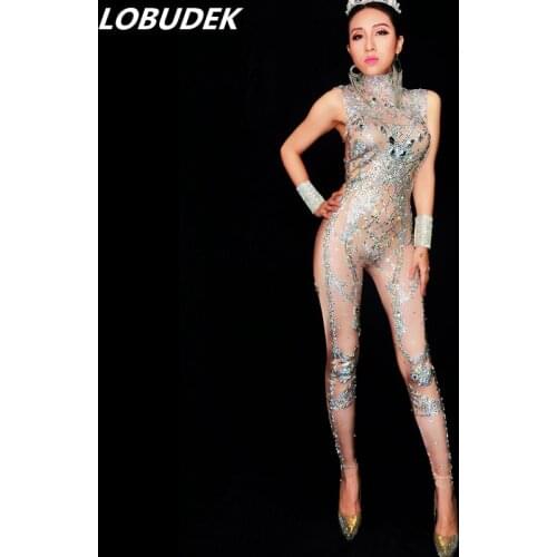 European style Sparkling Rhinestones Crystals Jumpsuit Female singer Bar DJ DS Costumes Celebration Party show sexy stage wear