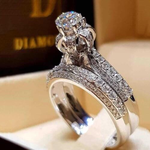 Female Round Crystal Wedding Ring Set Luxury Silver Color Ring Vintage Band Promise Engagement Rings for Women Party Jewelry