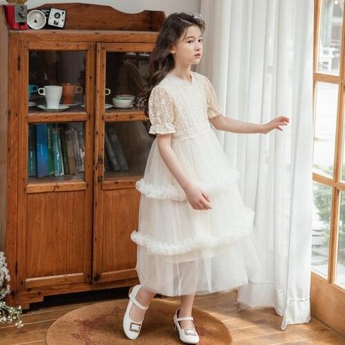 Korean Girls Princess Party Dress 2021 Summer Lace Maxi Dress Short Sleeve Beige Bridesmaid Dresses