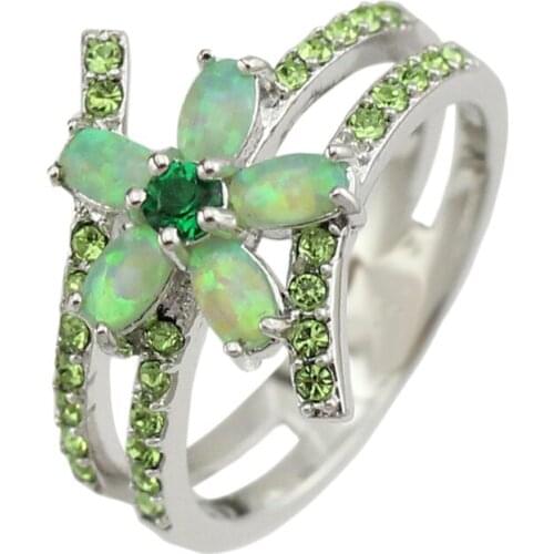 Pretty Green Fire Opal Stones CZ Flower Shape Rings for Women OR845