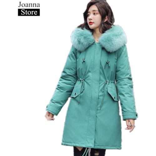 Winter New Harajuku Hooded Thick Long Jacket Faux Fur Collar Parka Warm Pink Slim Coat women plus Szie Solid Color Ladies Jacket