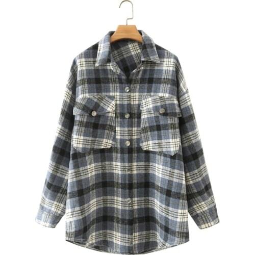 MESTTRAF Women 2021 Fashion With Pockets Oversized Check Coat Vintage Long Sleeve Button-up Shirt Outerwear Streetwear