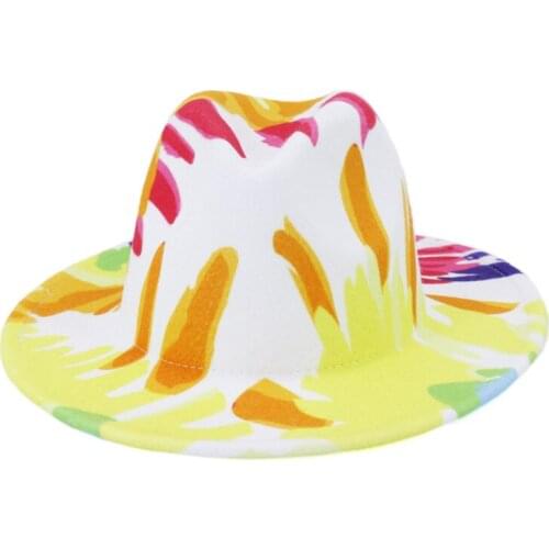 New Belt Tie-Dye Womens Wool Hat Early Spring Men Femalecolor Hat Big-Brimmed Jazz Felt Hat Ink Painting Panama Cap